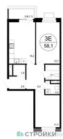 Планировка двухкомнатной(квартира) площадью 58.1 квадратных метров в “ЖК Одинцовские кварталы”