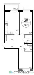Планировка двухкомнатной(квартира) площадью 58.1 квадратных метров в ЖК “ЖК Одинцовские кварталы”