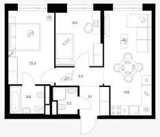 Планировка двухкомнатной(квартира) площадью 51.3 квадратных метров в “ЖК 2-й Иртышский”
