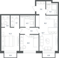 Планировка трехкомнатной(квартира) площадью 63.2 квадратных метров в “ЖК Равновесие”