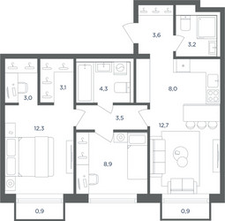 Планировка трехкомнатной(квартира) площадью 63.2 квадратных метров в ЖК “ЖК Равновесие”