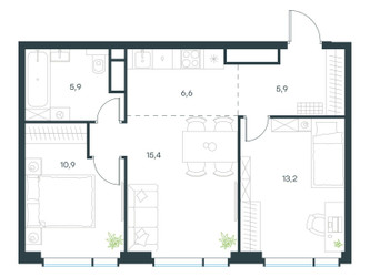 Планировка трехкомнатной(квартира) площадью 57.9 квадратных метров в ЖК “ЖК Левел Мичуринский”