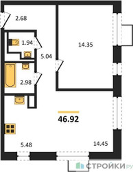 Планировка однокомнатной(квартира) площадью 46.92 квадратных метров в ЖК “ЖК Алхимово”