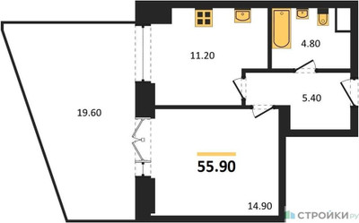 Планировка однокомнатной(квартира) площадью 55.9 квадратных метров в ЖК “ЖК Мираполис”
