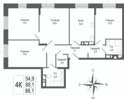 Планировка 4+ комнатной(квартира) площадью 88.1 квадратных метров в “ЖК КИНОКВАРТАЛ”