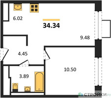 Планировка однокомнатной(квартира) площадью 34.34 квадратных метров в “ЖК Пятницкие луга”