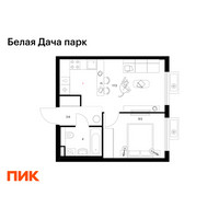 Планировка однокомнатной(квартира) площадью 34.6 квадратных метров в “ЖК Белая Дача парк”
