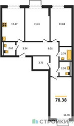 Планировка трехкомнатной(квартира) площадью 78.38 квадратных метров в ЖК “ЖК Мытищи Парк”