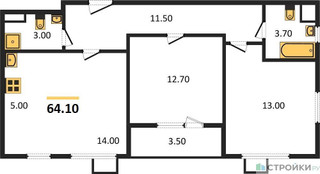 Планировка двухкомнатной(квартира) площадью 64.1 квадратных метров в “ЖК ЮЖНАЯ БИТЦА”