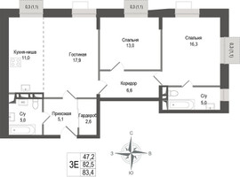 Планировка трехкомнатной(квартира) площадью 82.5 квадратных метров в “ЖК КИНОКВАРТАЛ”