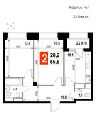 Планировка двухкомнатной(квартира) площадью 55.6 квадратных метров в “ЖК Мытищи Сити”