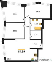 Планировка трехкомнатной(квартира) площадью 84.39 квадратных метров в “UNO Горбунова”