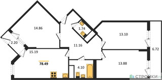 Планировка трехкомнатной(квартира) площадью 78.49 квадратных метров в “ЖК Светлый мир БиоПолис”