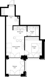 Планировка однокомнатной(квартира) площадью 54.89 квадратных метров в ЖК “ЖК Сити Бэй”