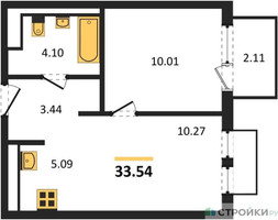Планировка однокомнатной(квартира) площадью 33.54 квадратных метров в “ЖК Пригород Лесное”