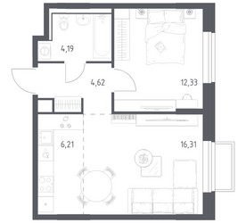Планировка однокомнатной(квартира) площадью 43.66 квадратных метров в ЖК “ЖК Томилино Парк”