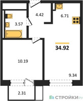 Планировка однокомнатной(квартира) площадью 34.92 квадратных метров в “ЖК Квартал Марьино”