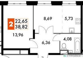 Планировка однокомнатной(апартаменты) площадью 38.82 квадратных метров в “ЖК Движение. Говорово”