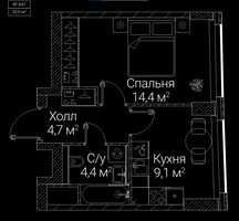 Планировка однокомнатной(квартира) площадью 32.6 квадратных метров в “ЖК СЕЗАР БУДУЩЕЕ”