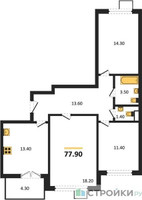 Планировка трехкомнатной(квартира) площадью 77.9 квадратных метров в “ЖК 1-й Донской (Первый Донской)”