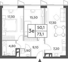 Планировка трехкомнатной(квартира) площадью 73.1 квадратных метров в “ЖК Will Towers (Вилл Тауэрс)”