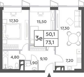 Планировка трехкомнатной(квартира) площадью 73.1 квадратных метров в ЖК “ЖК Will Towers (Вилл Тауэрс)”