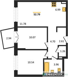 Планировка двухкомнатной(квартира) площадью 52.79 квадратных метров в ЖК “ЖК Квартал Марьино”