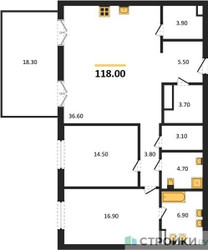 Планировка двухкомнатной(квартира) площадью 118 квадратных метров в ЖК “ЖК МОНС”