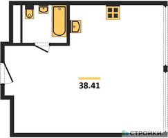Планировка однокомнатной(апартаменты) площадью 38.41 квадратных метров в “ЖК Октябрьская 98 (MirrorЗдание)”