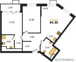 Планировка двухкомнатной(квартира) площадью 64.3 квадратных метров в “ЖК Дом на Зорге”