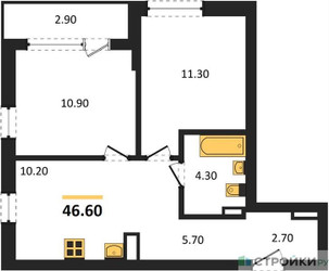 Планировка двухкомнатной(квартира) площадью 46.6 квадратных метров в ЖК “ЖК Прокшино”