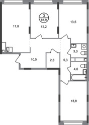 Планировка трехкомнатной(квартира) площадью 81.9 квадратных метров в ЖК “ЖК Переделкино Ближнее”