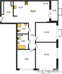Планировка трехкомнатной(квартира) площадью 78.1 квадратных метров в ЖК “ЖК Бунинские кварталы”
