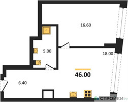 Планировка однокомнатной(квартира) площадью 46 квадратных метров в “ЖК Остров”