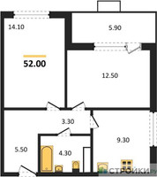 Планировка двухкомнатной(квартира) площадью 52 квадратных метров в “ЖК Бунинские кварталы”