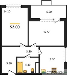 Планировка двухкомнатной(квартира) площадью 52 квадратных метров в ЖК “ЖК Бунинские кварталы”