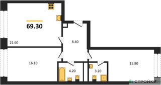 Планировка двухкомнатной(квартира) площадью 69.3 квадратных метров в “ЖК Архитектурный проект RAKURS (Ракурс)”