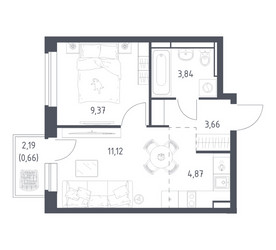 Планировка однокомнатной(квартира) площадью 33.52 квадратных метров в ЖК “ЖК Новое Видное”