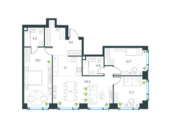 Планировка 4+ комнатной(квартира) площадью 94 квадратных метров в ЖК “ЖК Level Мичуринский”