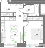 Планировка однокомнатной(квартира) площадью 42.79 квадратных метров в “ЖК Upside Towers (Апсайд Тауэрс)”