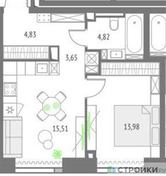 Планировка однокомнатной(квартира) площадью 42.79 квадратных метров в ЖК “ЖК Upside Towers (Апсайд Тауэрс)”