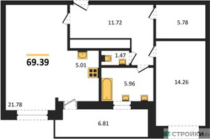 Планировка однокомнатной(квартира) площадью 69.39 квадратных метров в “ЖК ВОСТОК II”
