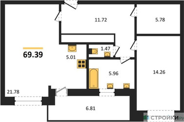 Планировка однокомнатной(квартира) площадью 69.39 квадратных метров в ЖК “ЖК ВОСТОК II”