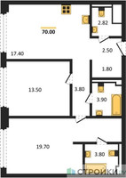 Планировка двухкомнатной(квартира) площадью 70 квадратных метров в “ЖК СТОУН Грэйн”