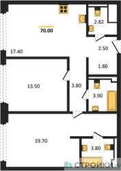 Планировка двухкомнатной(квартира) площадью 70 квадратных метров в ЖК “ЖК СТОУН Грэйн”