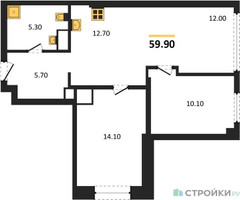 Планировка двухкомнатной(квартира) площадью 59.9 квадратных метров в “ЖК Very (Вери)”