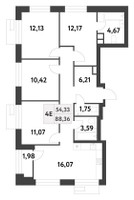 Планировка 4+ комнатной(квартира) площадью 88.47 квадратных метров в “ЖК Smart Garden (Смарт Гарден)”