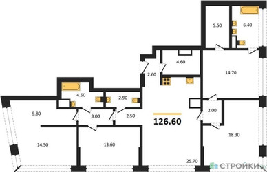 Планировка 4+ комнатной(квартира) площадью 126.6 квадратных метров в ЖК “ЖК Остров”