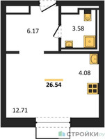 Планировка студии(квартира) площадью 26.54 квадратных метров в “ЖК Долина Яузы”