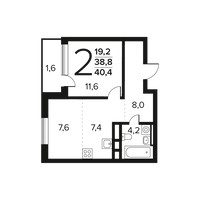 Планировка двухкомнатной(квартира) площадью 40.4 квадратных метров в “Новые Ватутинки. Заречный”